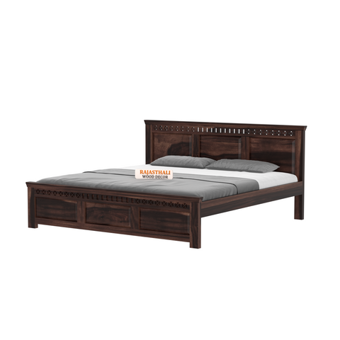 Solid Sheesham Wood King Size Bed with Headboard and Without Storage, Walnut Finish