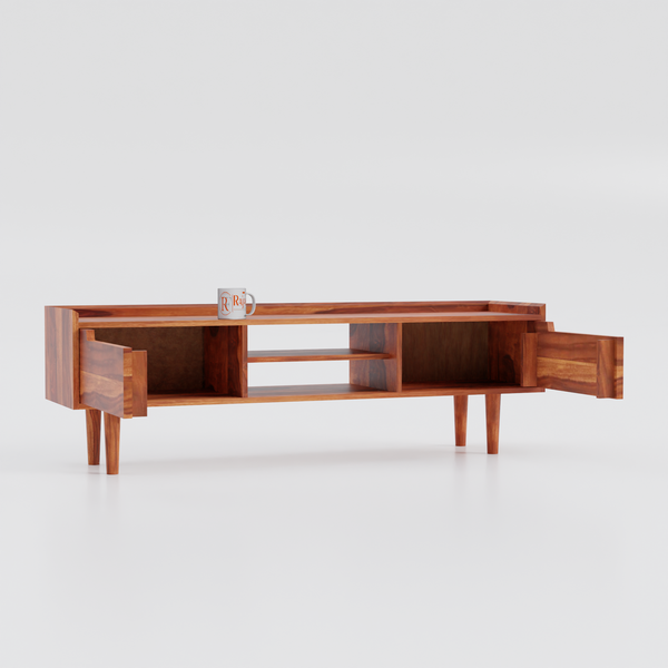Solid Wood Two Door with one center wooden Shelf LCD cabinet with rustic legs in honey oak finish - Rajasthali Furniture 