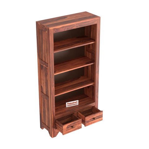 Wooden  Two Drawer 3 Shelves book shelf cum display cabinet in Honey Oak Color with Natural Finish