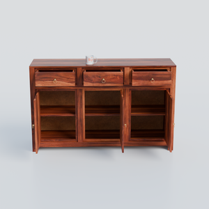 Wooden Side Cabinet with Wooden Doors, 3 Doors and 3 drawers Storage Unit in Natural Finish and walnut finish - Rajasthali Furniture 