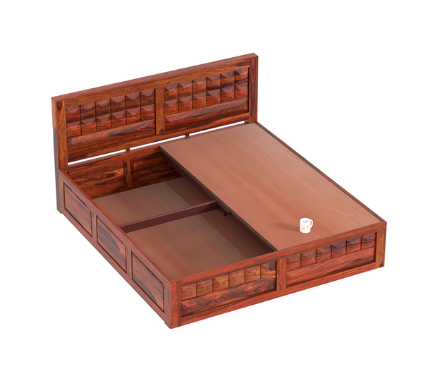 Olij Solid Wood Queen Size Double Bed with Box Storage in Honey Oak Finish - Rajasthali Furniture 