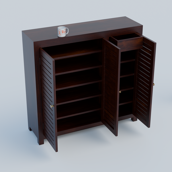 Haze Solid Wood Three Door One Drawer Shoe Rack in Honey Oak Finish - Rajasthali Furniture 