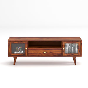 Sheesham Wood TV Unit with Mosaic Carved Doors | Solid Wood TV Console | Glass