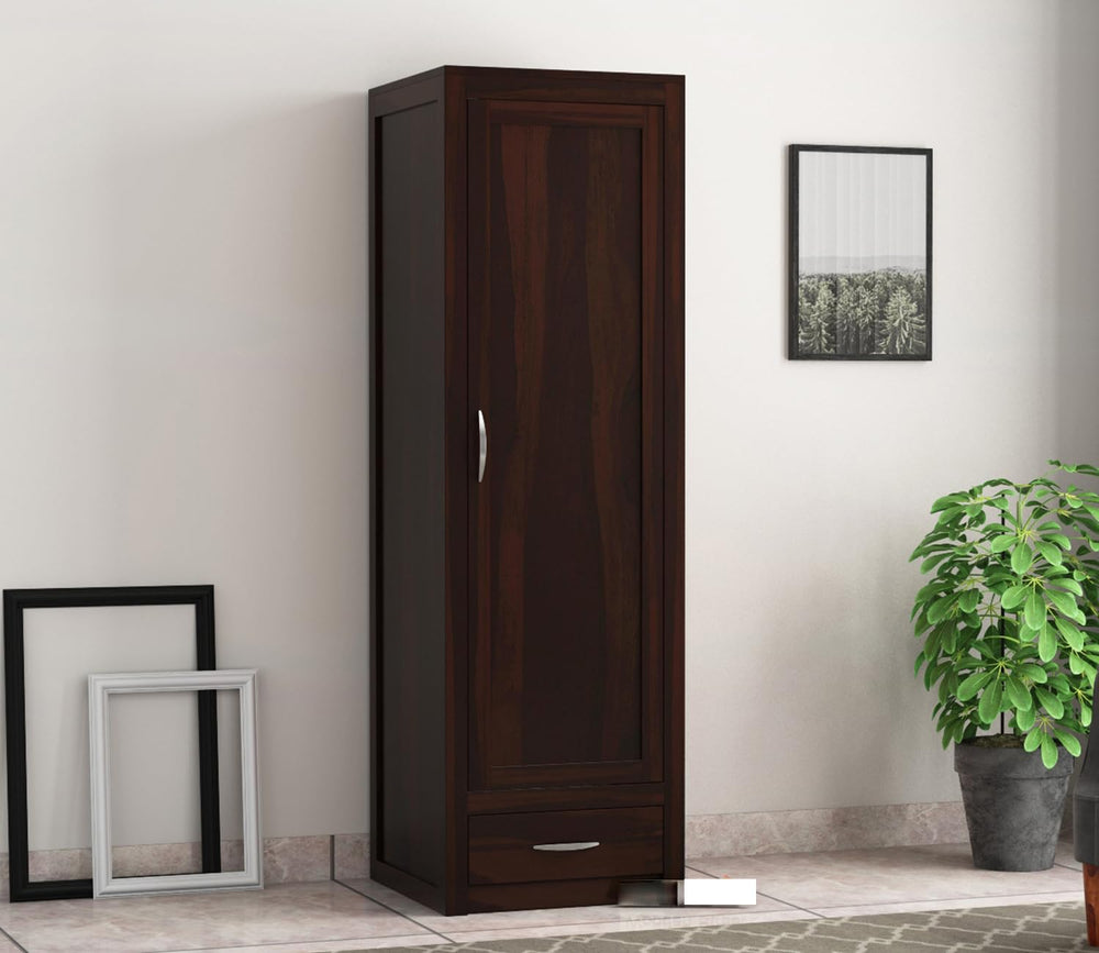 Single Door Wardrobe with 1 Drawers & 4 Shelf Storage Solid Sheesham Wood – Exquisite Wooden Classic Almirah for Clothes in Your Bedroom - Rajasthali Furniture 