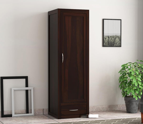 Single Door Wardrobe with 1 Drawers & 4 Shelf Storage Solid Sheesham Wood – Exquisite Wooden Classic Almirah for Clothes in Your Bedroom - Rajasthali Furniture 