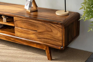 Wooden Entertainment Tv Unit for Living Room | Tv Stand/Tv Cabinet with 2 Door, 2 Open Shelf Storage | Sheesham Wood Media Console Tv Cabinet for Drawing Room | Natural Finish