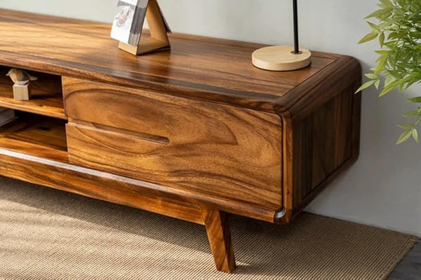Wooden Entertainment Tv Unit for Living Room | Tv Stand/Tv Cabinet with 2 Door, 2 Open Shelf Storage | Sheesham Wood Media Console Tv Cabinet for Drawing Room | Natural Finish