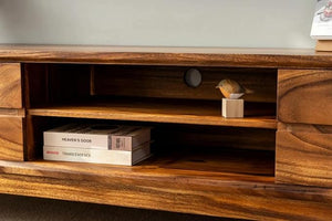Wooden Entertainment Tv Unit for Living Room | Tv Stand/Tv Cabinet with 2 Door, 2 Open Shelf Storage | Sheesham Wood Media Console Tv Cabinet for Drawing Room | Natural Finish