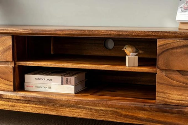 Wooden Entertainment Tv Unit for Living Room | Tv Stand/Tv Cabinet with 2 Door, 2 Open Shelf Storage | Sheesham Wood Media Console Tv Cabinet for Drawing Room | Natural Finish
