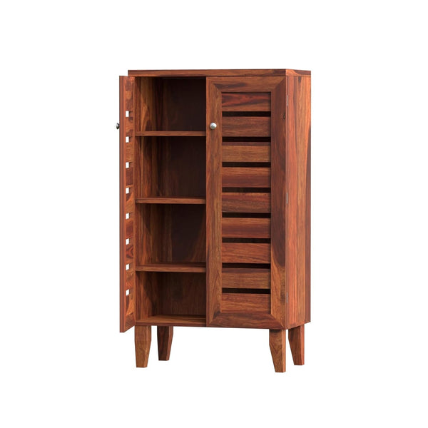 Solid Sheesham Wood Shoe Rack | Wooden Shoe Cabinet with 4 Shelves | 2 Door Shoe Storage Organizer for Entryway | Honey Finish