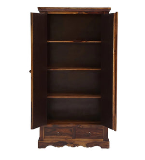 Sheesham Wood 2 Door Block Carved Wardrobe with 2 Drawers