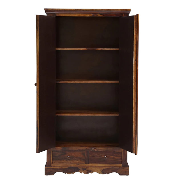 Sheesham Wood 2 Door Block Carved Wardrobe with 2 Drawers