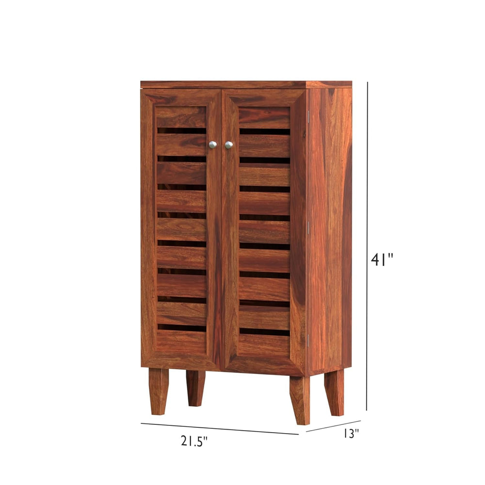 Solid Sheesham Wood Shoe Rack | Wooden Shoe Cabinet with 4 Shelves | 2 Door Shoe Storage Organizer for Entryway | Honey Finish - Rajasthali Furniture 