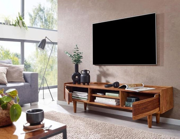 Solid Sheesham Wood Tv Unit with 2 Drawers | Tv Cabinet for Livng Room, Hall, Home & Office Furniture | Light Natural Finish