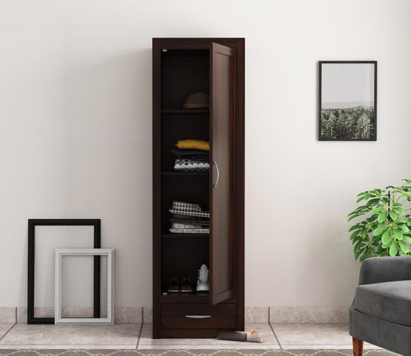 Single Door Wardrobe with 1 Drawers & 4 Shelf Storage Solid Sheesham Wood – Exquisite Wooden Classic Almirah for Clothes in Your Bedroom - Rajasthali Furniture 