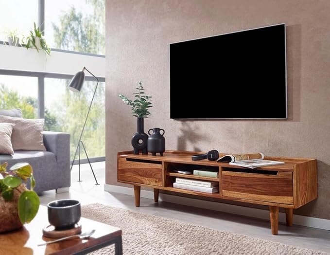 Solid Sheesham Wood Tv Unit with 2 Drawers | Tv Cabinet for Livng Room, Hall, Home & Office Furniture | Light Natural Finish