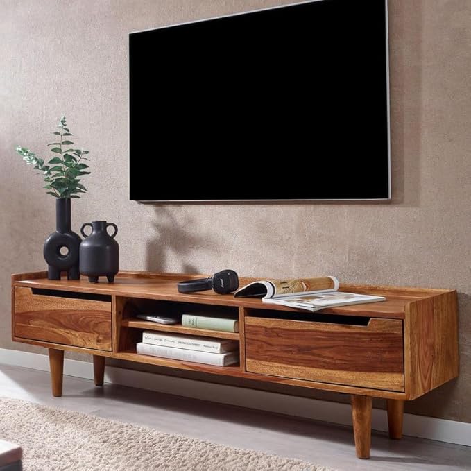 Solid Sheesham Wood Tv Unit with 2 Drawers | Tv Cabinet for Livng Room, Hall, Home & Office Furniture | Light Natural Finish