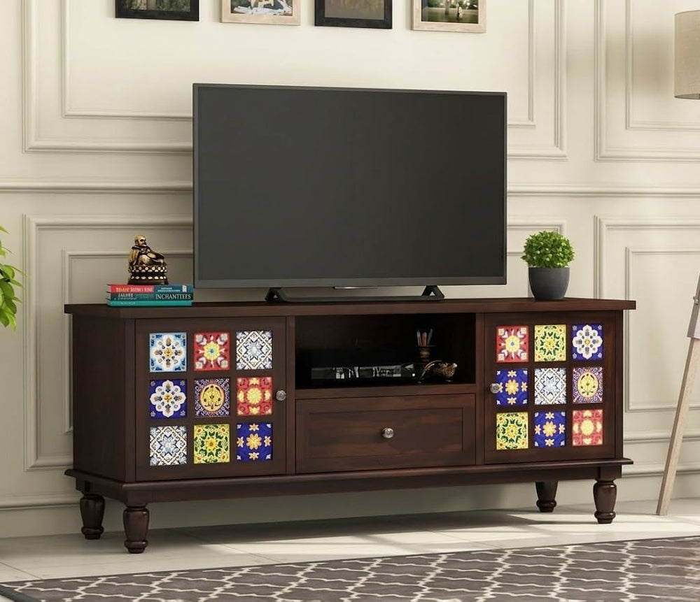 Wooden Tv Unit 1 Drawer 2 Door Cabinet | Solid Sheesham Wood Entertainment Tv Unit for Living Room | - Rajasthali Furniture 