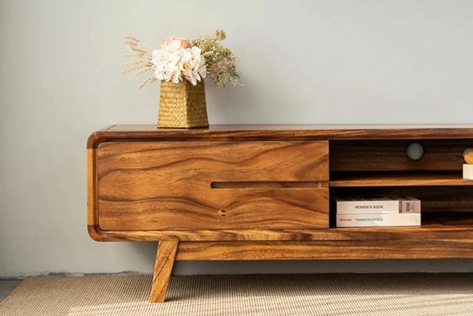 Wooden Entertainment Tv Unit for Living Room | Tv Stand/Tv Cabinet with 2 Door, 2 Open Shelf Storage | Sheesham Wood Media Console Tv Cabinet for Drawing Room | Natural Finish