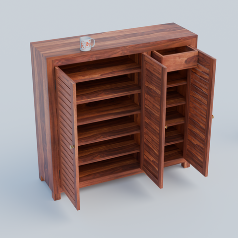 Haze Solid Wood Three Door One Drawer Shoe Rack in Honey Oak Finish