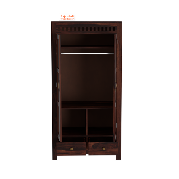 Wooden Two Door and Two Drawer Sheesham Wood Almirah Wardrobe for Bedroom in Honey oak and Dark Color with Natural and Walnut Finish - Rajasthali Furniture 
