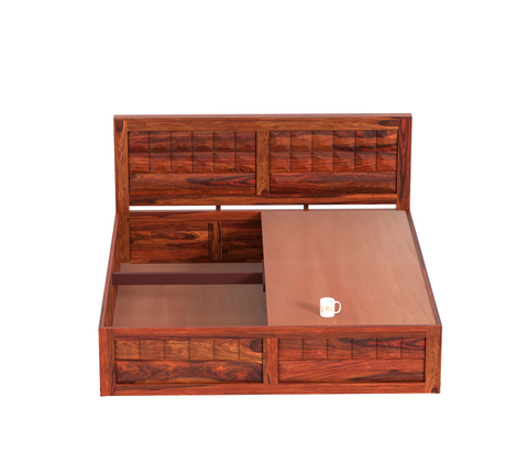 Olij Solid Wood Queen Size Double Bed with Box Storage in Honey Oak Finish - Rajasthali Furniture 