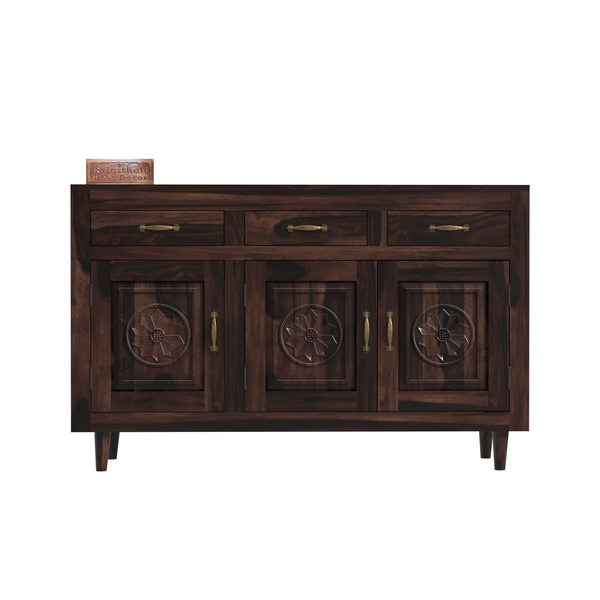 Wooden Sideboard Storage Cabinet with 3 Drawers and 3 Doors Storage Wooden Cabinet for Living Room in Walnut Finish - Rajasthali Furniture 
