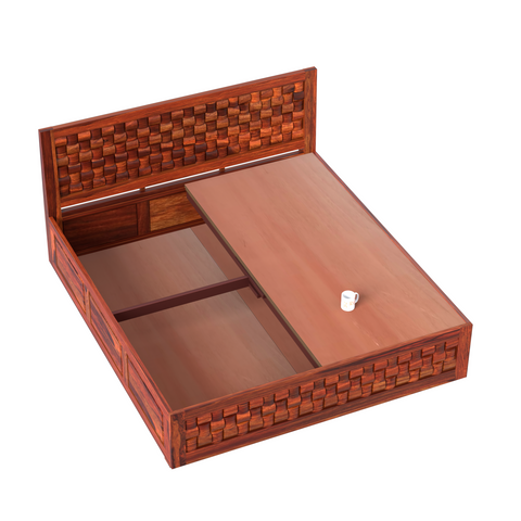 Wout Solid Wood Double Bed with Box Storage in Honey Oak Finish - Rajasthali Furniture 