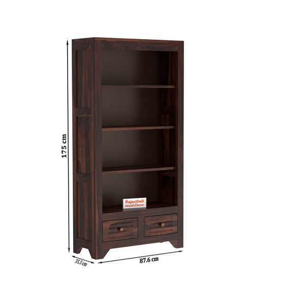 Wooden  Two Drawer 3 Shelves book shelf cum display cabinet in dark Color with Walnut Finish - Rajasthali Furniture 