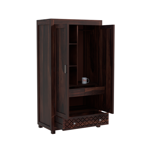 Solid Wood Wardrobe with Double Doors, Decorative Lattice Panel, Natural Honey Oak Finish