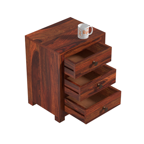 Sun Three Drawer Wooden Bed Side Table/Nightstand in Honey oak Finish - Rajasthali Furniture 