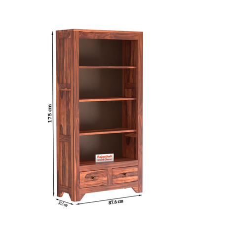 Wooden  Two Drawer 3 Shelves book shelf cum display cabinet in Honey Oak Color with Natural Finish