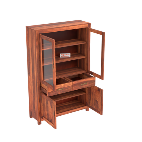 Bened Wooden Glass and Wooden Door Cabinet with two Drawer for Study and kitchen room in Natural and Walnut Finish