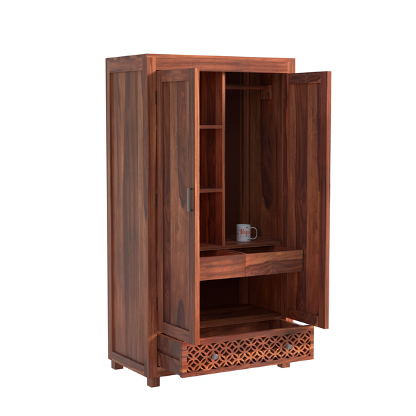 Solid Wood Wardrobe with Double Doors, Decorative Lattice Panel, Natural Honey Oak Finish - Rajasthali Furniture 