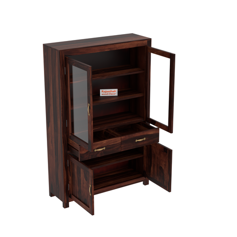 Bened Wooden Glass and Wooden Door Cabinet with two Drawer for Study and kitchen room in Natural and Walnut Finish