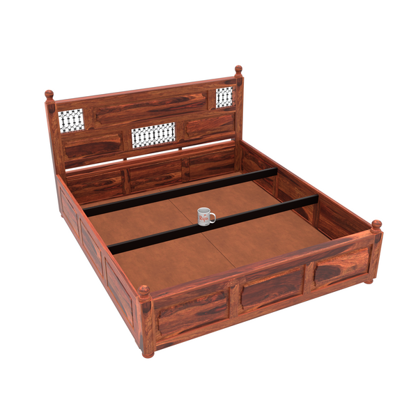Solid Wood King Size Iron Jali Double Bed with Box Storage in Natural Finish - Rajasthali Furniture 