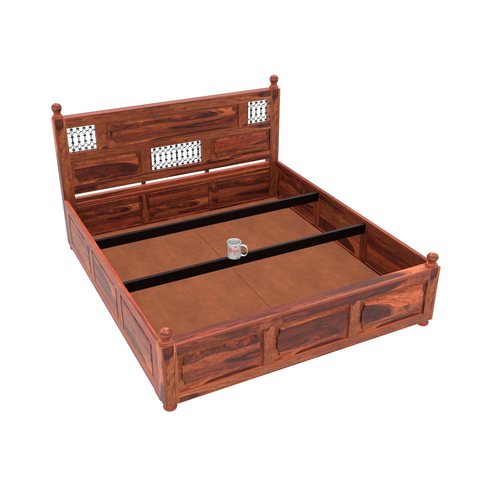 Solid Wood King Size Iron Jali Double Bed with Box Storage in Natural Finish