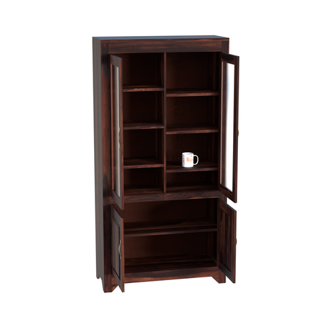 Wooden Display Cabinet with Glass and Wood Doors, 4 Doors Storage Unit in Natural and Walnut Finish