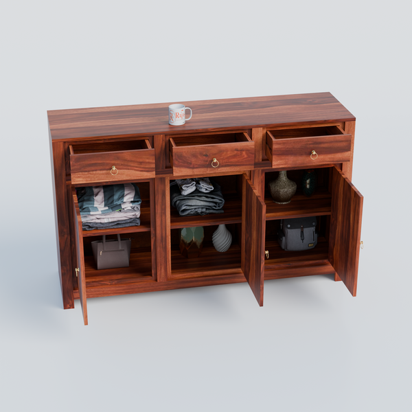 Wooden Side Cabinet with Wooden Doors, 3 Doors and 3 drawers Storage Unit in Natural Finish and walnut finish - Rajasthali Furniture 