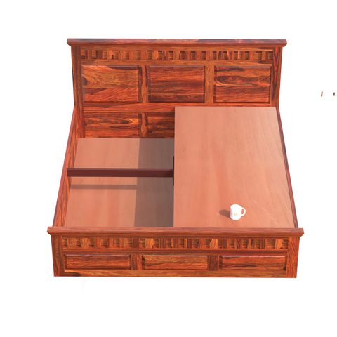 Malen Solid Wood Double Bed with Box Storage in Honey Oak Finish - Rajasthali Furniture 