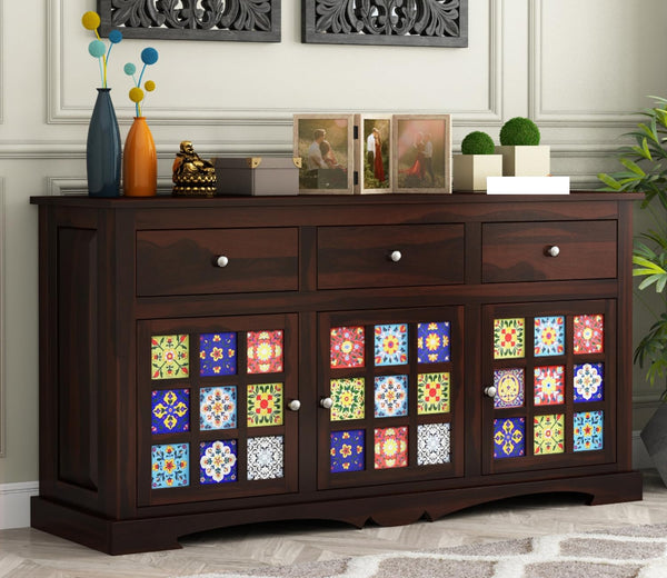 Rajasthali Furniture Woodcrony Solid Wooden Cabinet Sideboard with 6 Shelves and 3 Door Storage - Sheesham Wood