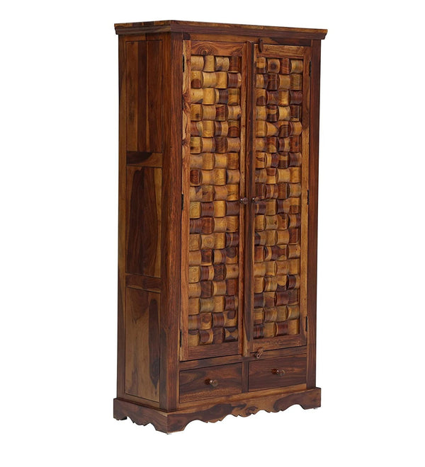 Sheesham Wood 2 Door Block Carved Wardrobe with 2 Drawers