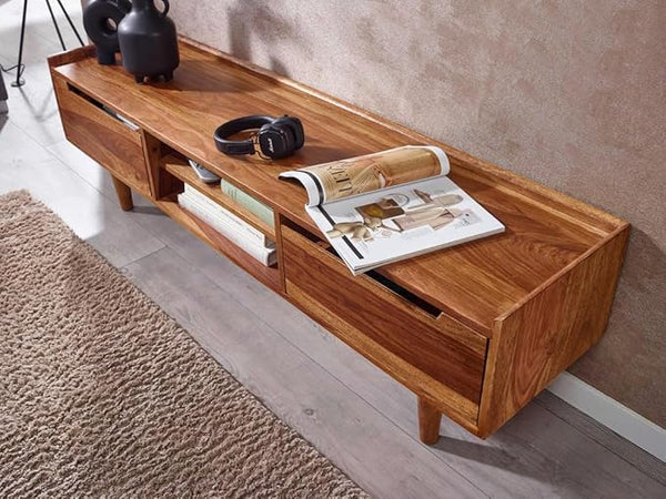 Solid Sheesham Wood Tv Unit with 2 Drawers | Tv Cabinet for Livng Room, Hall, Home & Office Furniture | Light Natural Finish
