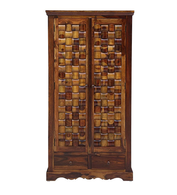 Sheesham Wood 2 Door Block Carved Wardrobe with 2 Drawers