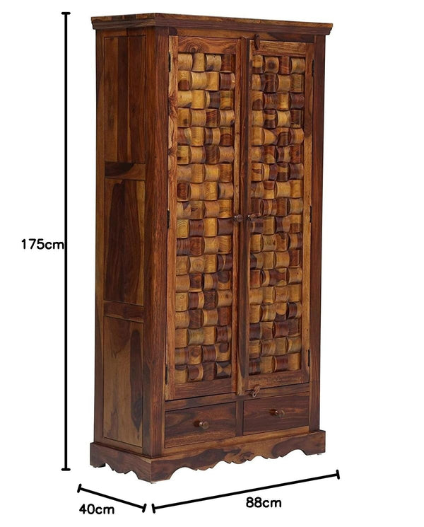 Sheesham Wood 2 Door Block Carved Wardrobe with 2 Drawers