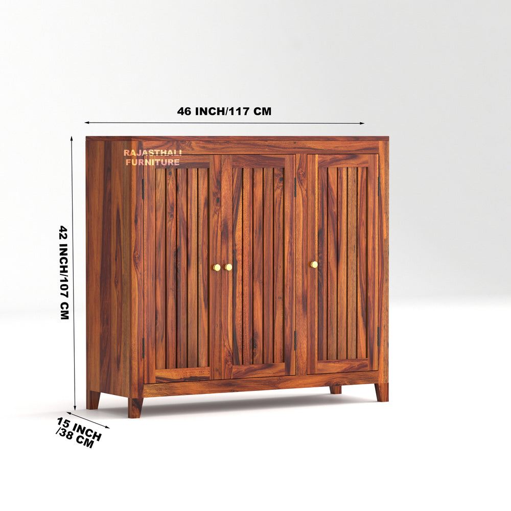 Rajasthali Furniture Solid Sheesham Wood Shoe Cabinet | 3-Door Wooden Shoe Rack with Storage | Entryway Organizer | Natural Finish | - Rajasthali Furniture 