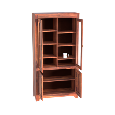 Wooden Display Cabinet with Glass and Wood Doors, 4 Doors Storage Unit in Natural and Walnut Finish