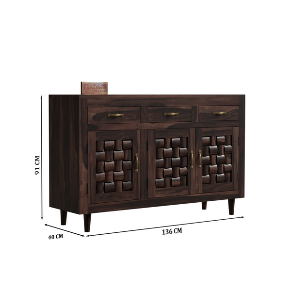 Wooden Sideboard Storage Cabinet with 3 Drawers and 3 Doors Storage Wooden Cabinet for Living Room in Walnut Finish - Rajasthali Furniture 