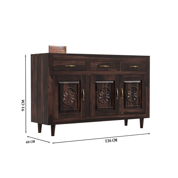 Wooden Sideboard Storage Cabinet with 3 Drawers and 3 Doors Storage Wooden Cabinet for Living Room in Walnut Finish - Rajasthali Furniture 
