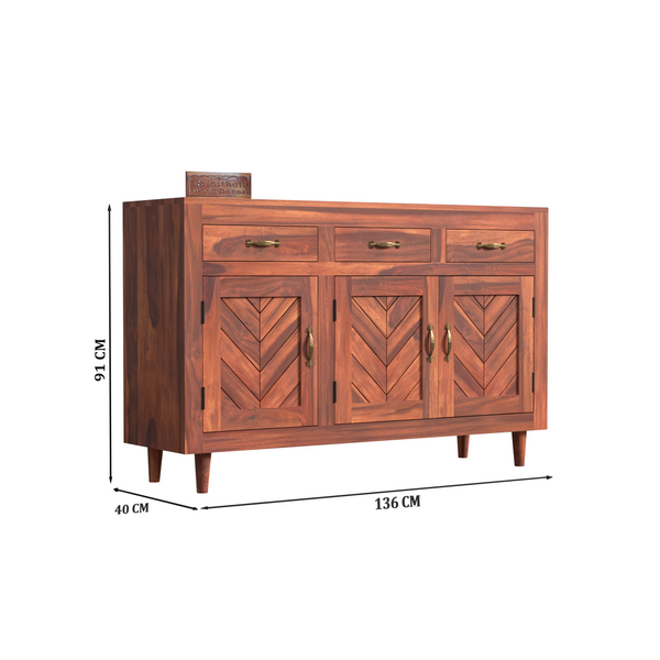 Wooden Sideboard Storage Cabinet with 3 Drawers and 3 Doors Storage Wooden Cabinet for Living Room in Natural Finish - Rajasthali Furniture 